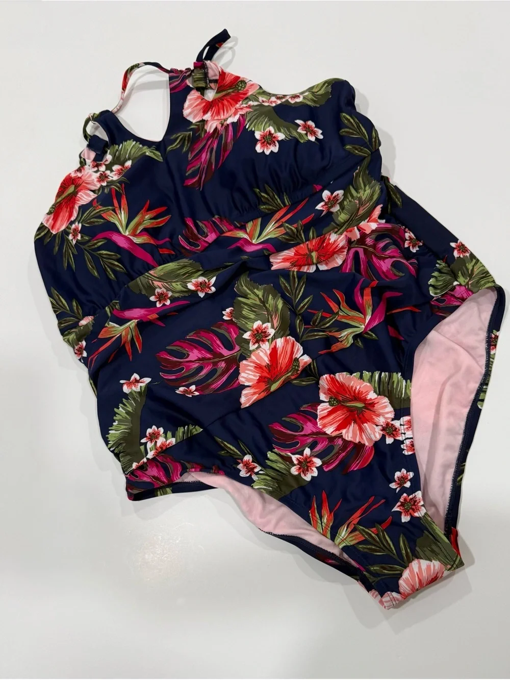 Kona Sol Keyhole Braided Strap One Piece Swimsuit Navy Tropical Hibiscus Size24W